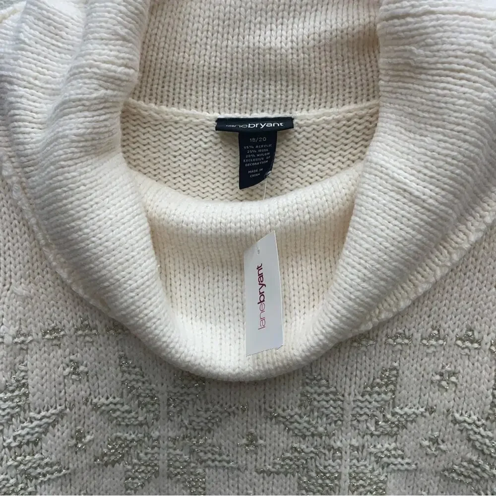 Lane Bryant Wool Blend Cowl Neck Cable Knit Sweater Metallic Snowflakes 18/20